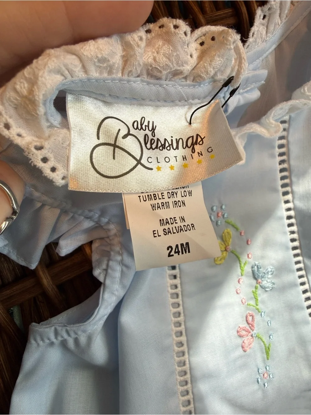 Floral embroidered powder blue slip dress with lace trim and butterfly sleeve